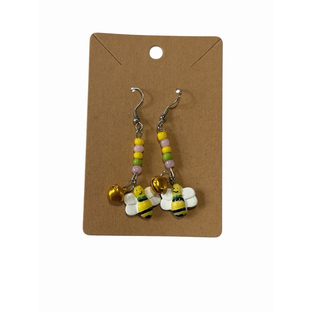 Bumble Bee Dangle Earrings Pastel Beads Gold Bell Charms Cottagecore